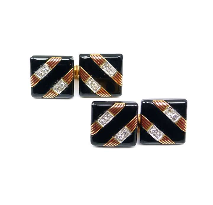 Pair of Art Deco diamond, onyx and enamel cufflinks